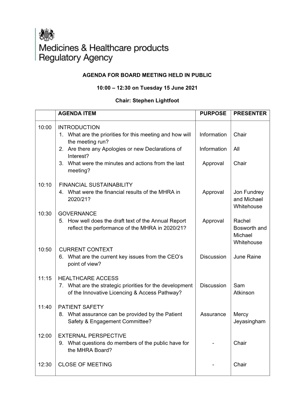 12:30 on Tuesday 15 June 2021 Chair