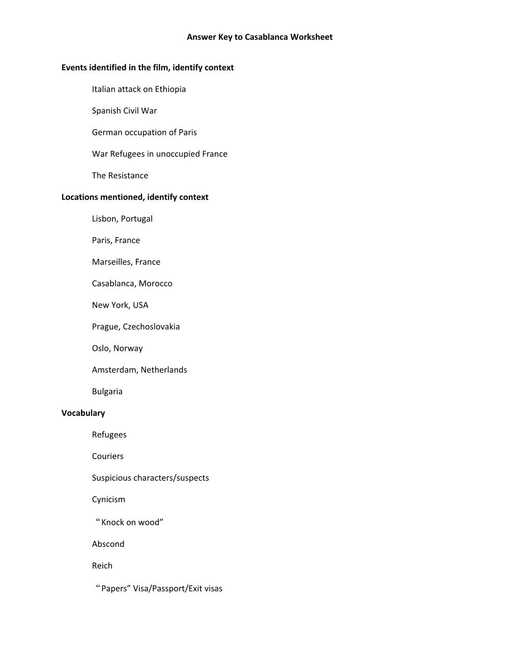 Answer Key to Casablanca Worksheet