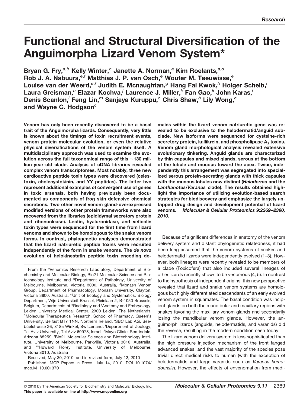 Functional and Structural Diversification of the Anguimorpha Lizard Venom System*