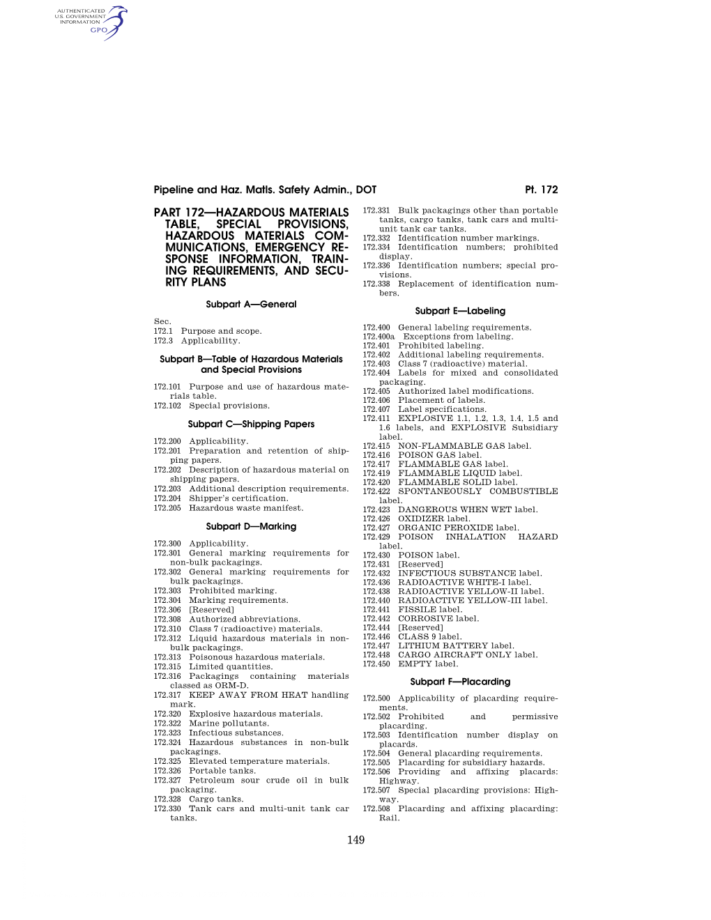 149 Part 172—Hazardous Materials Table