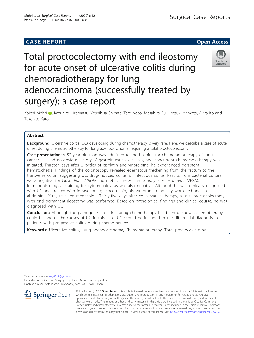 Total Proctocolectomy with End Ileostomy for Acute Onset of Ulcerative Colitis During Chemoradiotherapy for Lung Adenocarcinoma