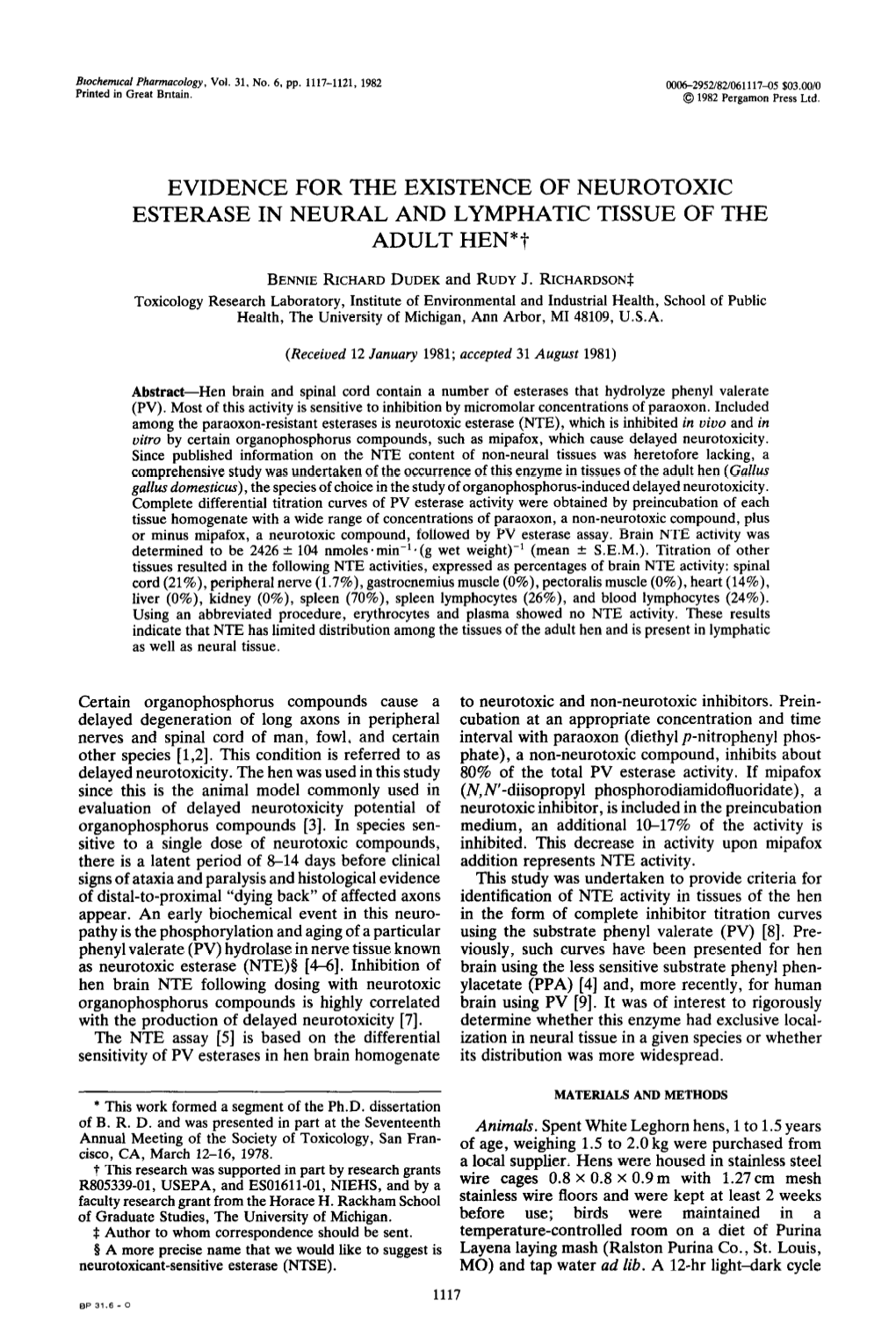 Evidence for the Existence of Neurotoxic Esterase in Neural and Lymphatic Tissue of the Adult Hen*?