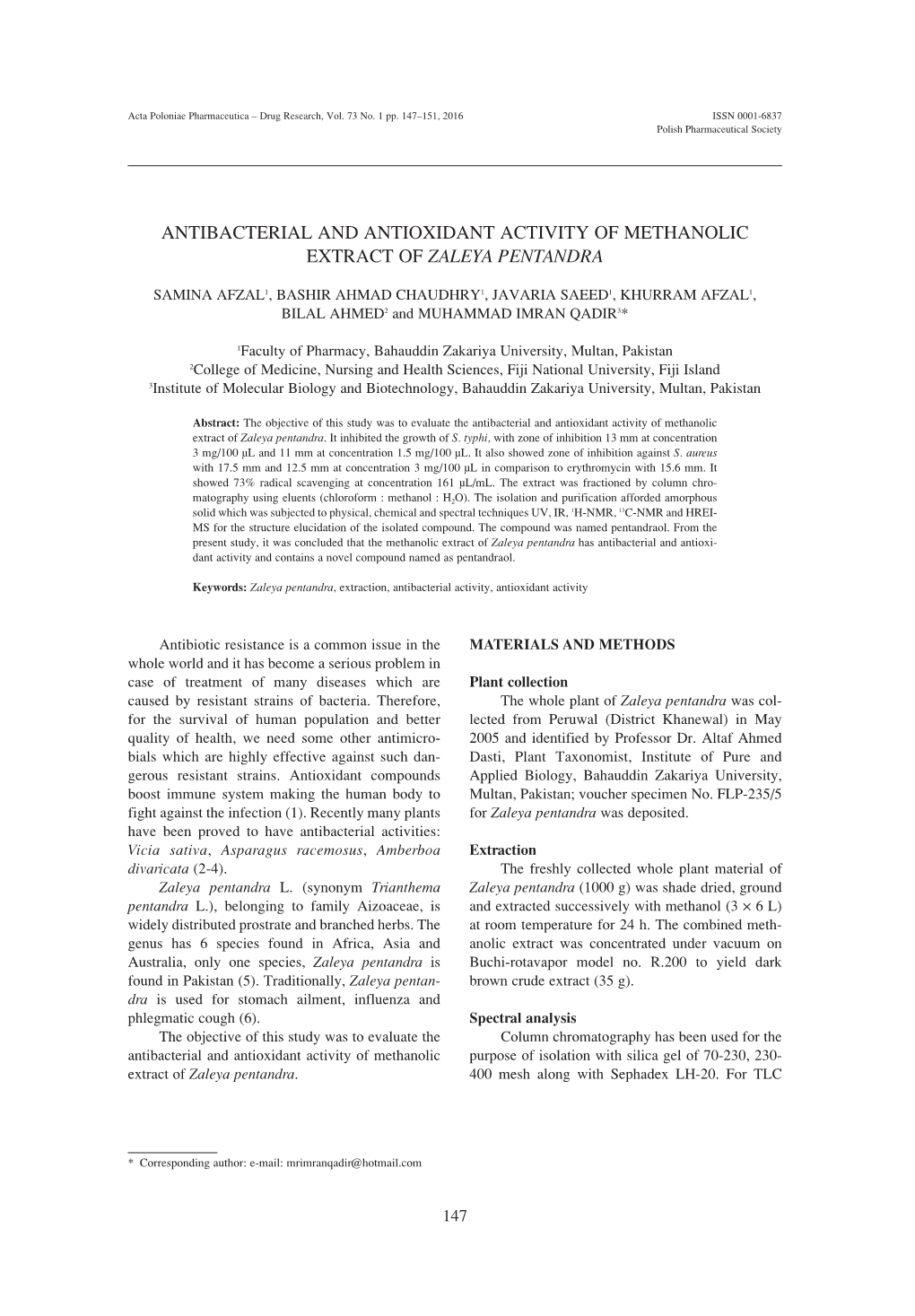 Antibacterial and Antioxidant Activity of Methanolic Extract of Zaleya Pentandra