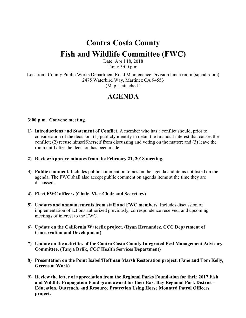 Contra Costa County Fish and Wildlife Committee (FWC) Date: April 18, 2018 Time: 3:00 P.M