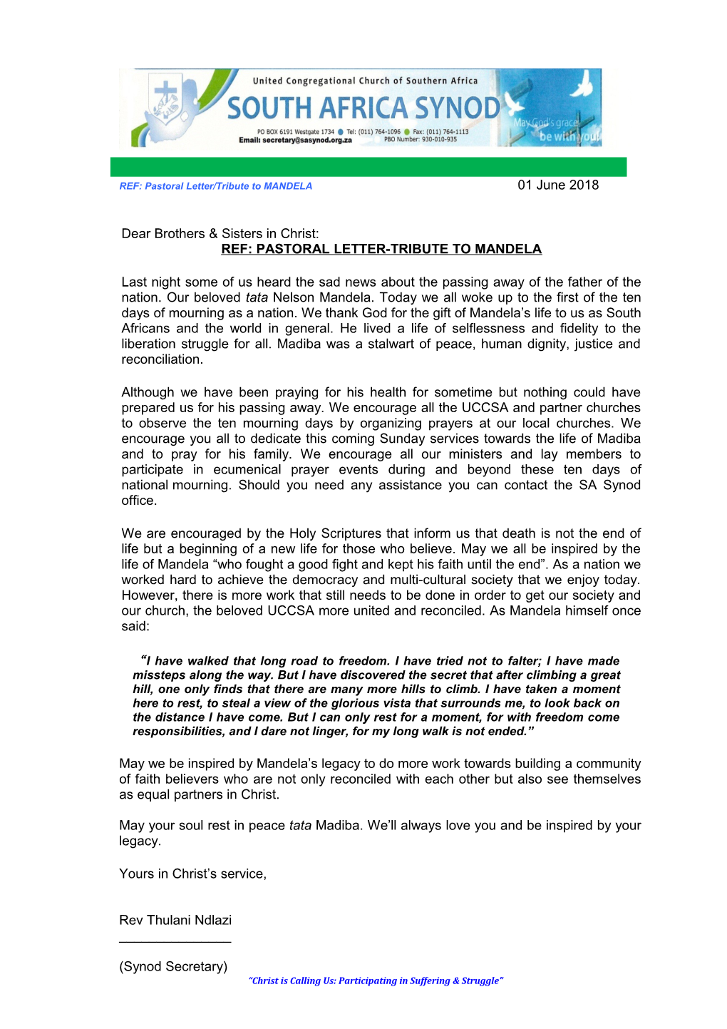 Ref: Pastoral Letter-Tribute to Mandela