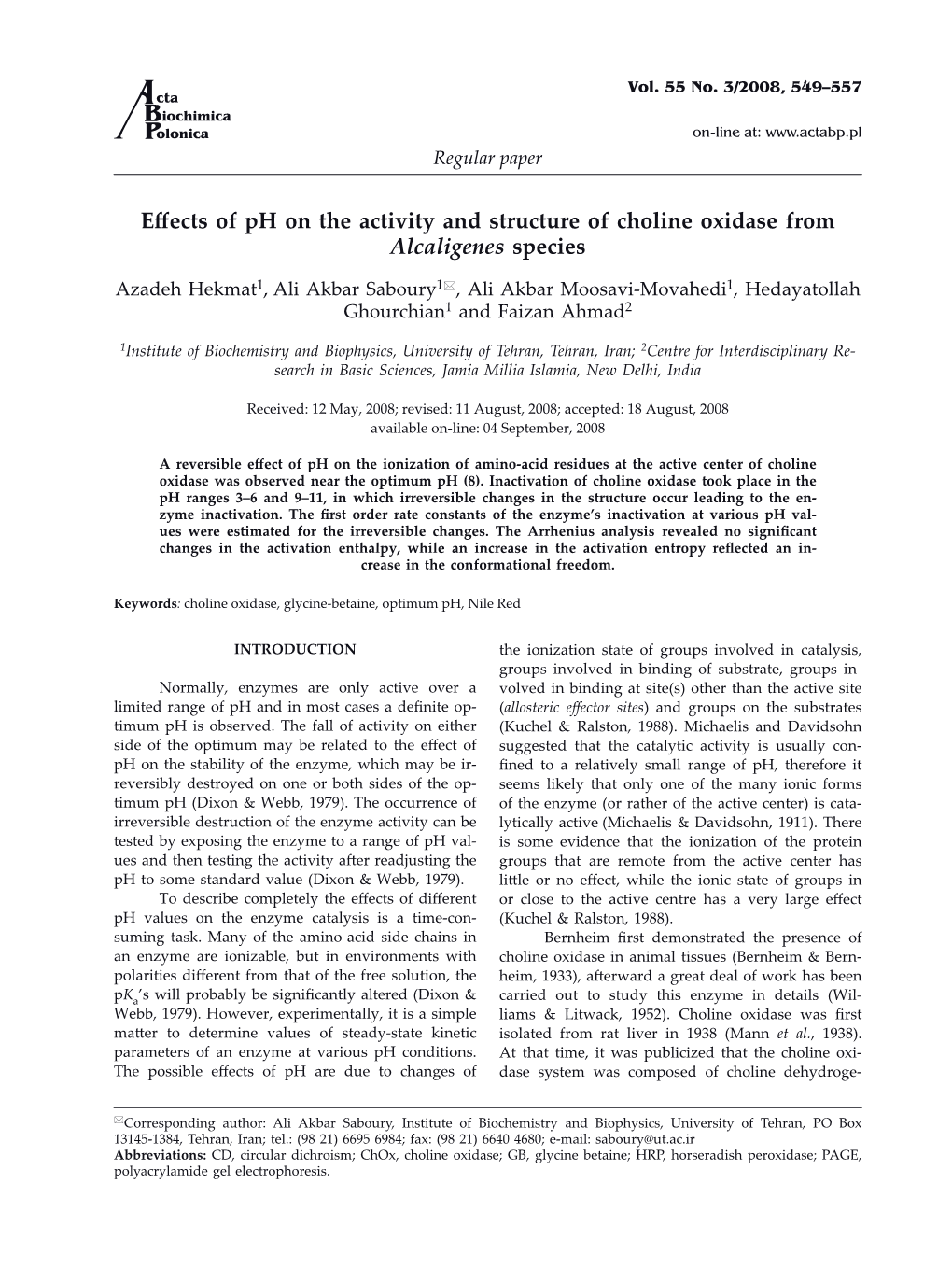 Effects of Ph on the Activity and Structure of Choline Oxidase from Alcaligenes Species