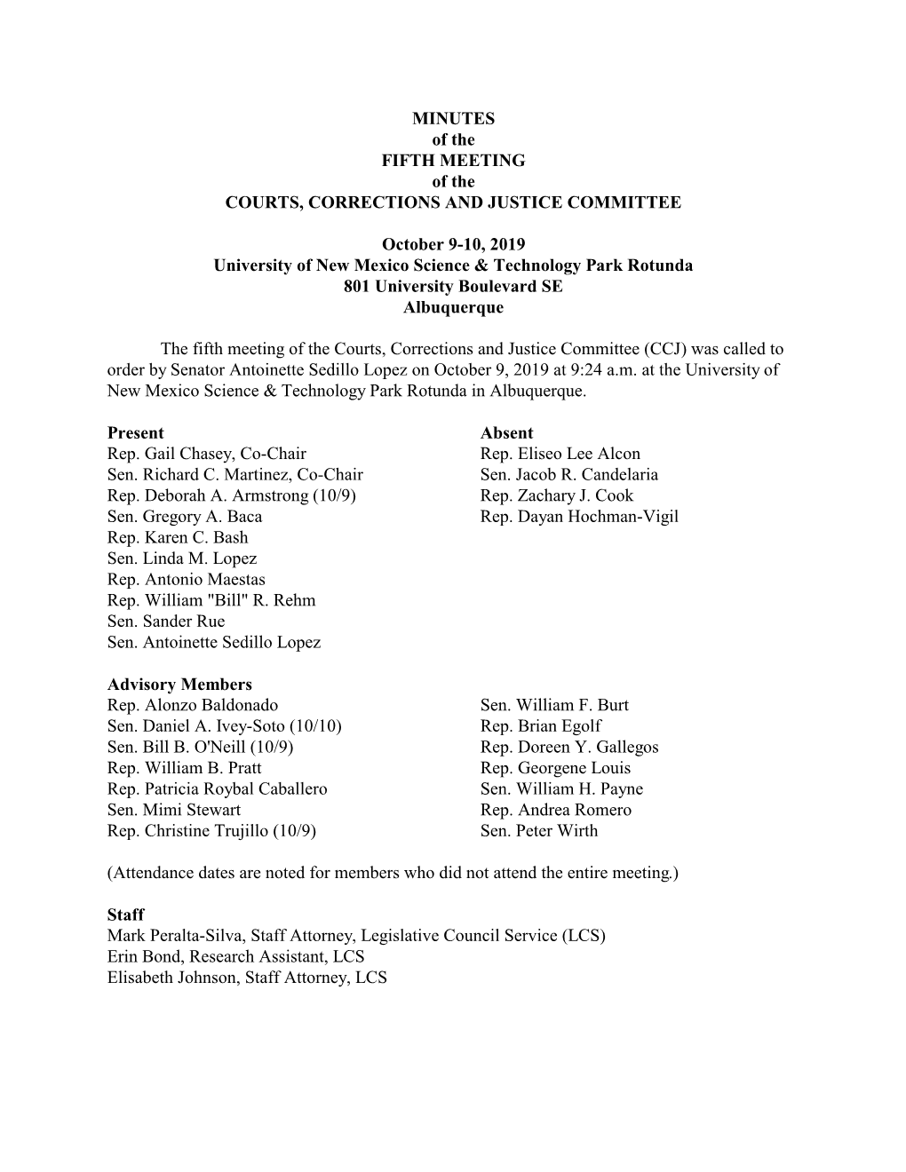 MINUTES of the FIFTH MEETING of the COURTS, CORRECTIONS and JUSTICE COMMITTEE