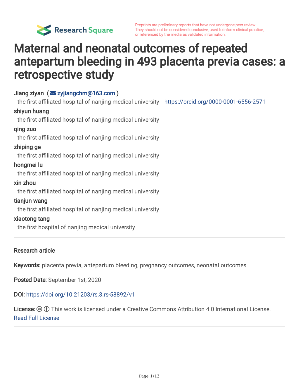 Maternal and Neonatal Outcomes of Repeated Antepartum Bleeding in 493 Placenta Previa Cases: a Retrospective Study