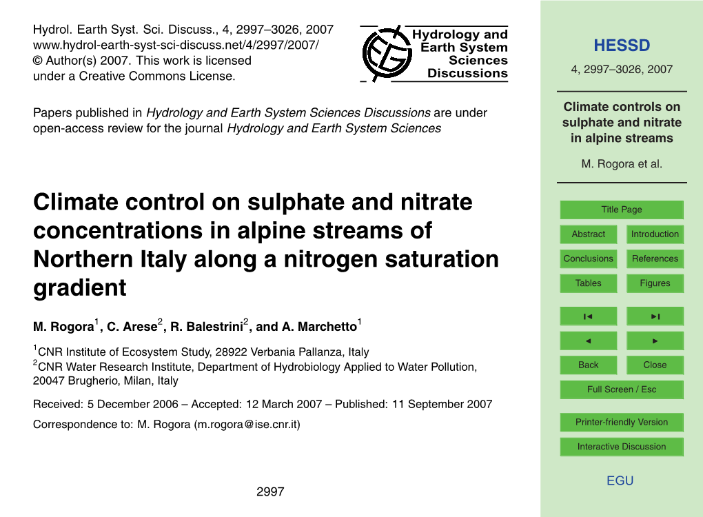 Climate Controls on Sulphate and Nitrate in Alpine Streams