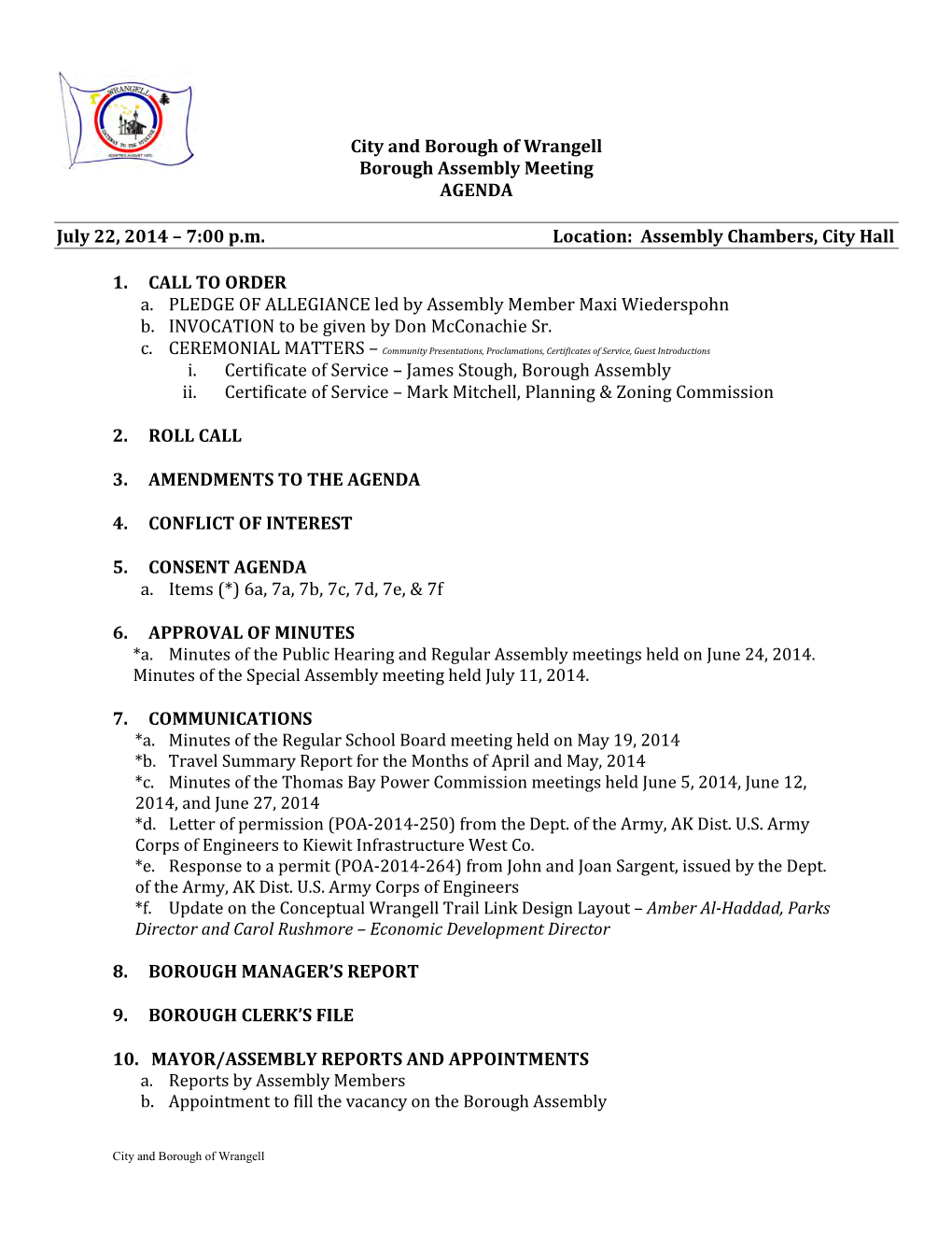 City and Borough of Wrangell Borough Assembly Meeting AGENDA