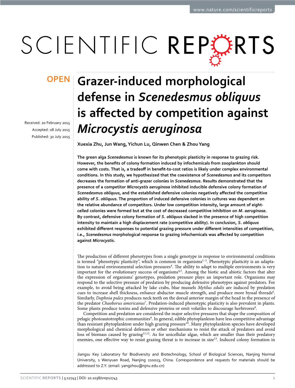 Grazer-Induced Morphological Defense in Scenedesmus Obliquus