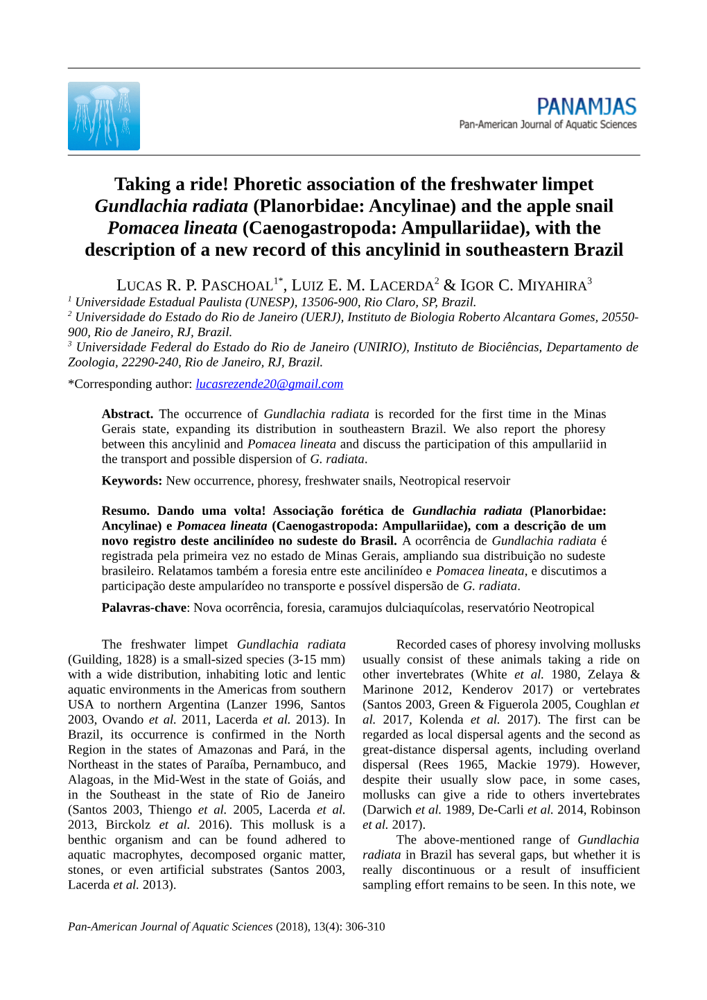 Taking a Ride! Phoretic Association of the Freshwater Limpet Gundlachia