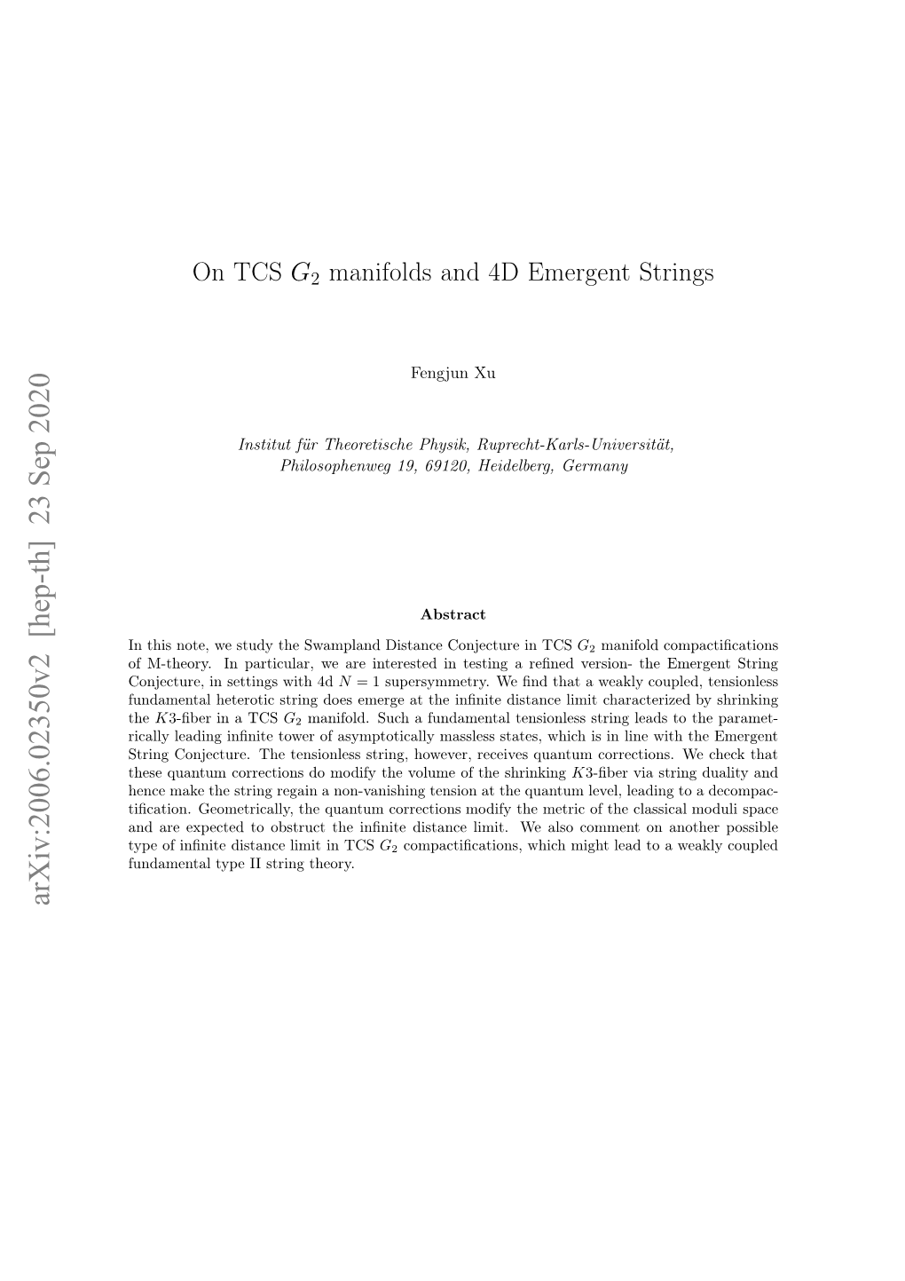 On TCS G2 Manifolds and 4D Emergent Strings