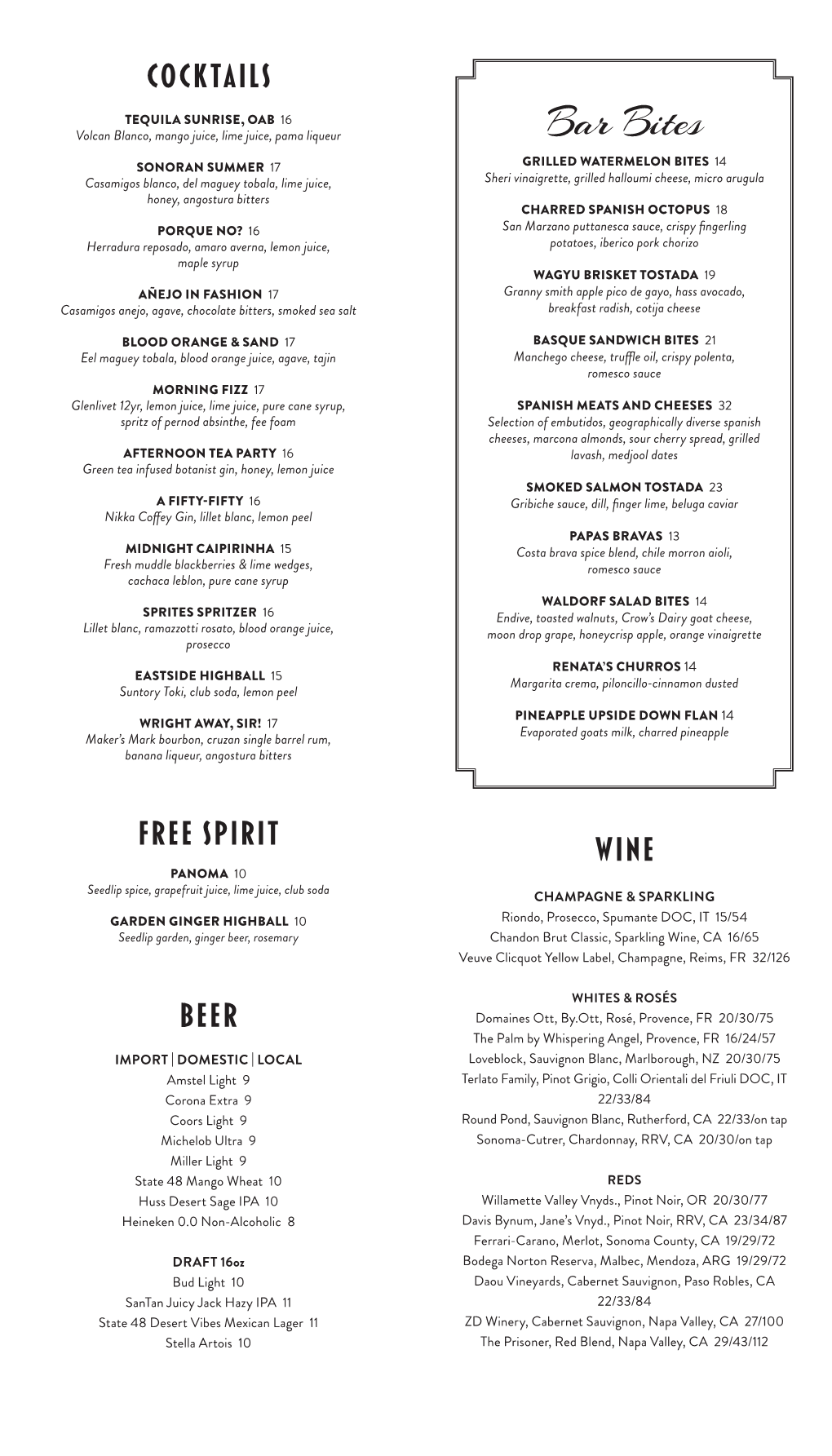 The Wright Bar Menu