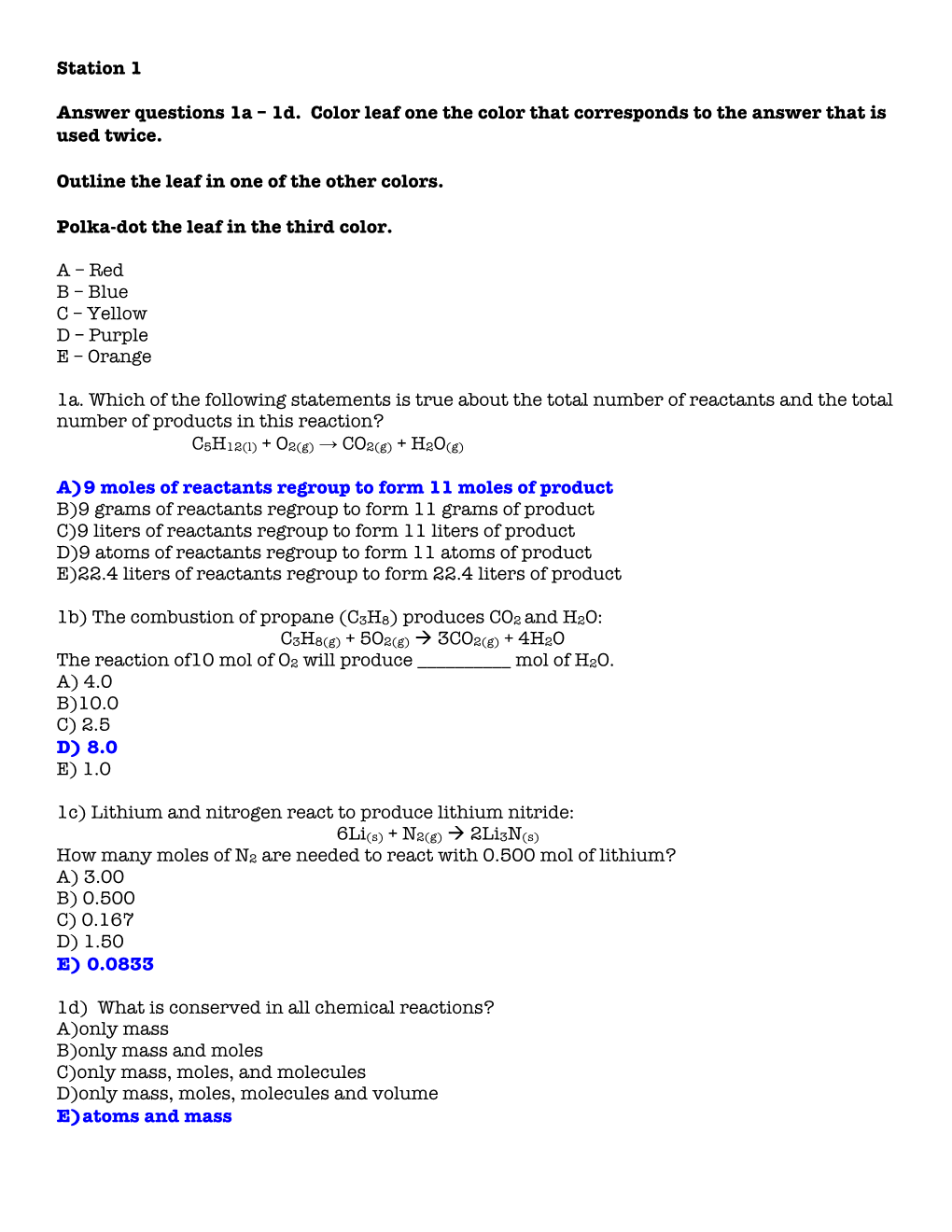 Stoichiometry Flower Stations Answers