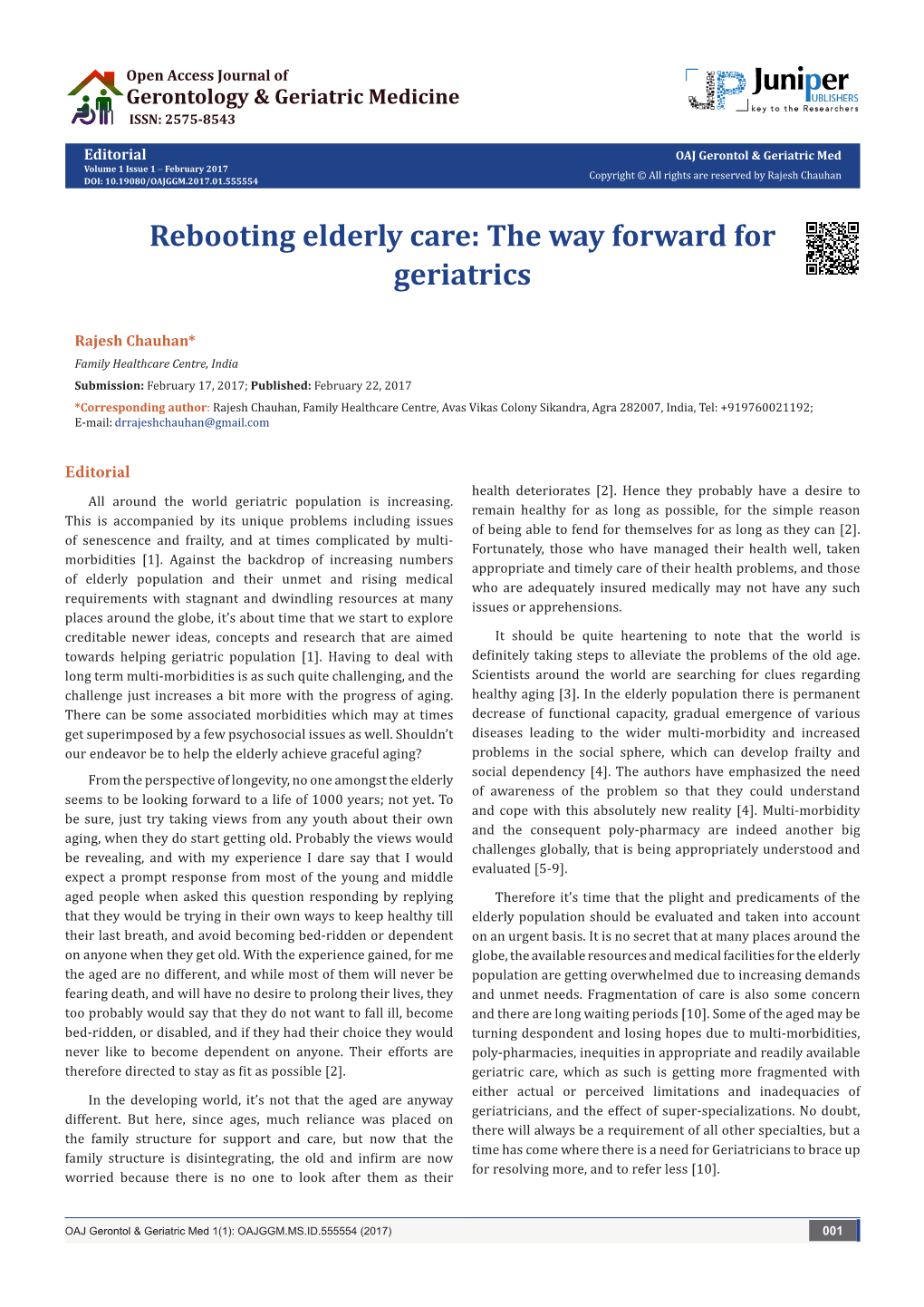 (2017) Rebooting Elderly Care: the Way Forward for Geriatrics