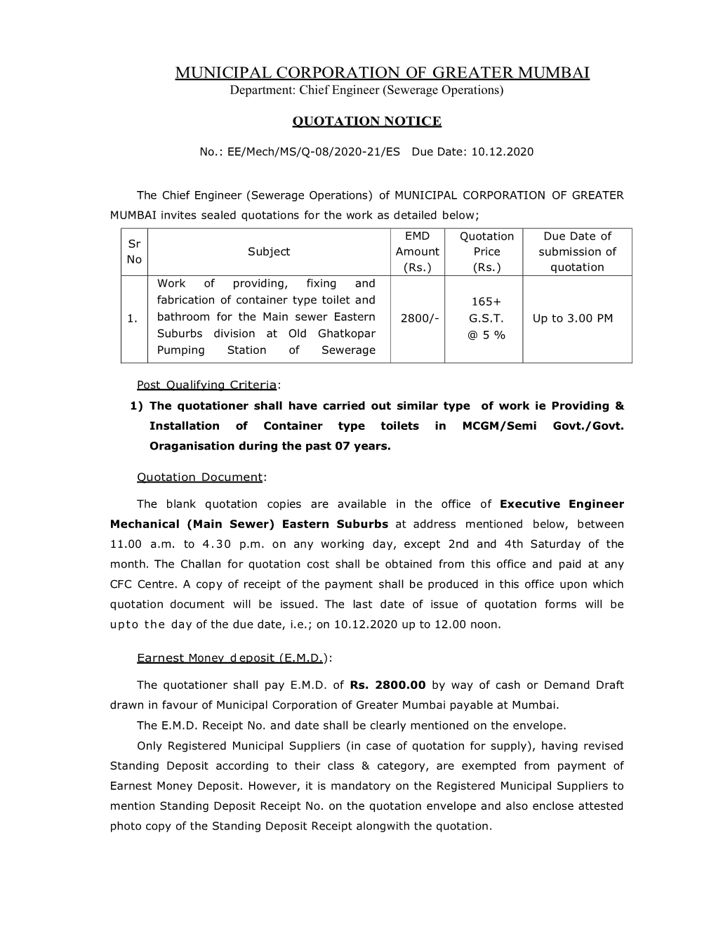 MUNICIPAL CORPORATION of GREATER MUMBAI Department: Chief Engineer (Sewerage Operations)