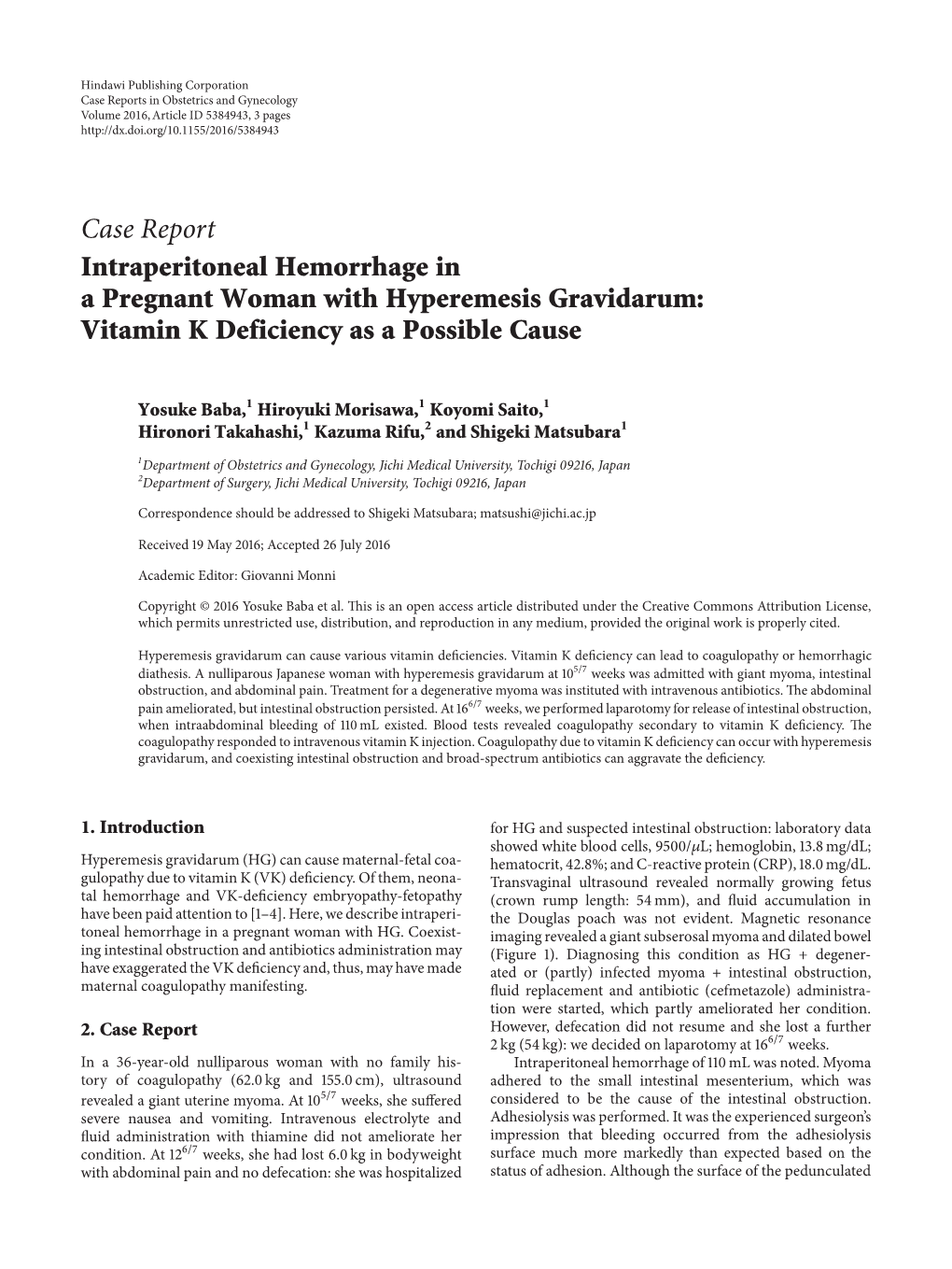 Intraperitoneal Hemorrhage in a Pregnant Woman with Hyperemesis Gravidarum: Vitamin K Deficiency As a Possible Cause