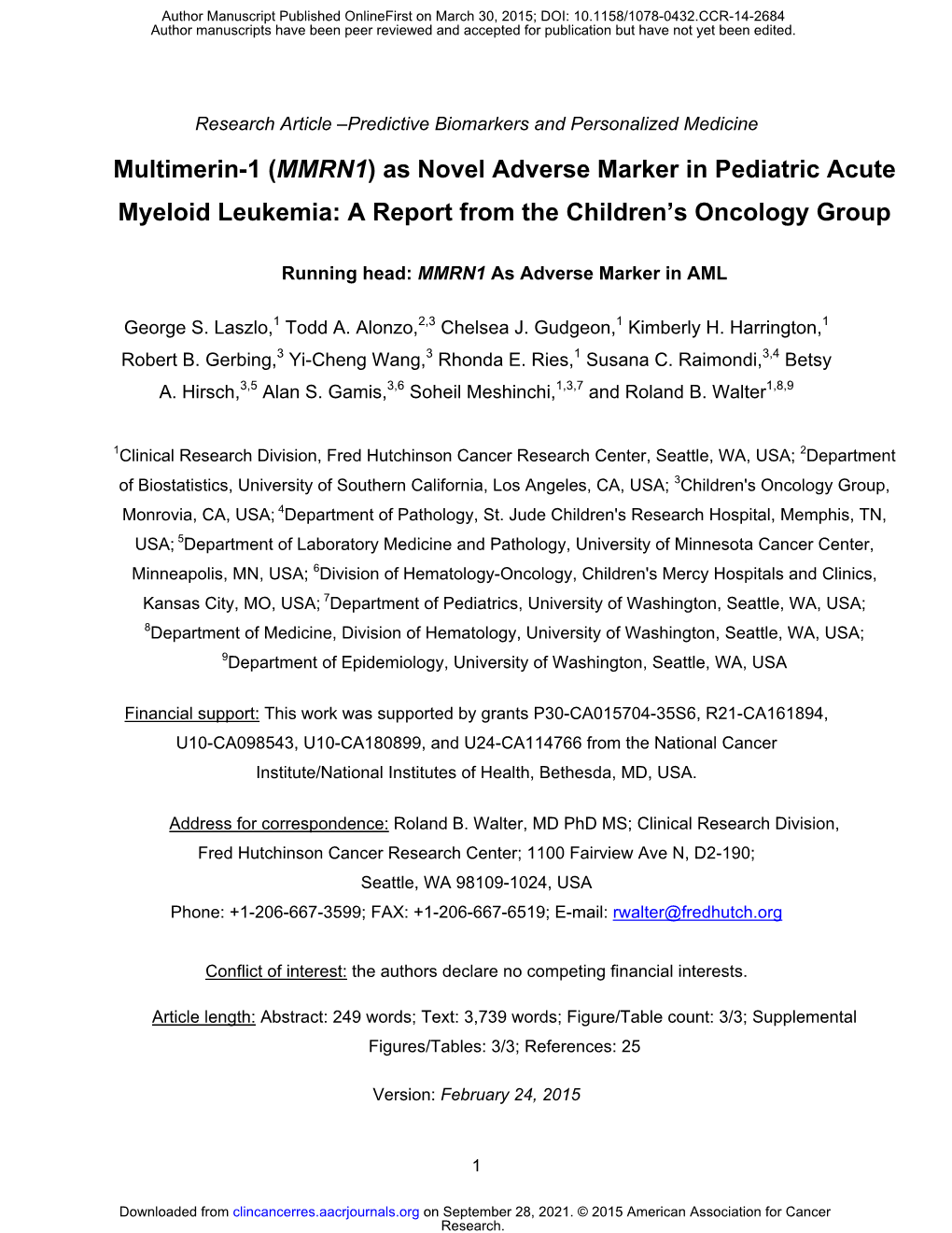 MMRN1) As Novel Adverse Marker in Pediatric Acute Myeloid Leukemia: a Report from the Children’S Oncology Group
