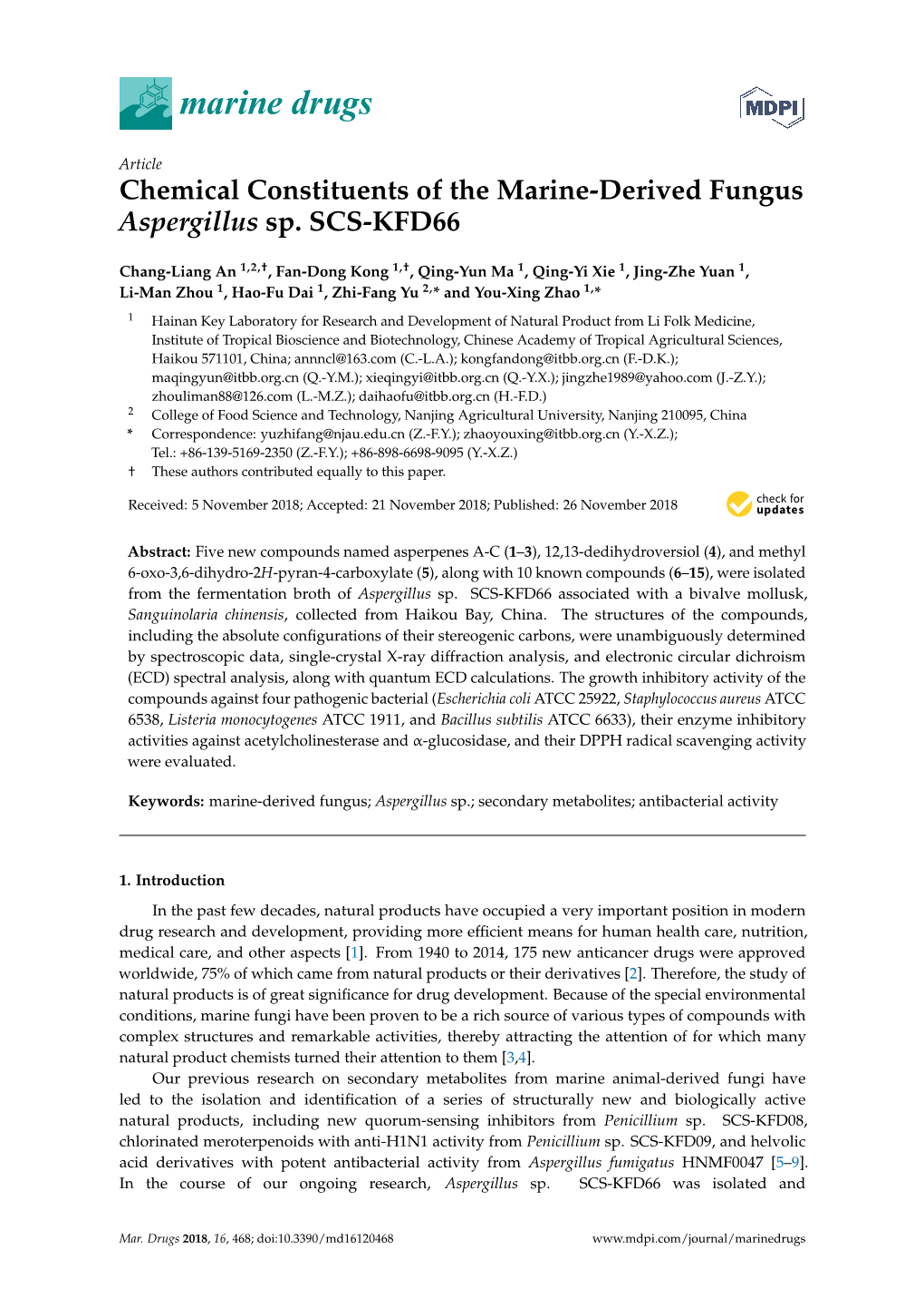 Chemical Constituents of the Marine-Derived Fungus Aspergillus Sp. SCS-KFD66