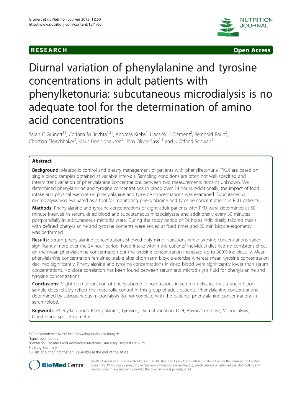 Diurnal Variation of Phenylalanine and Tyrosine Concentrations in Adult Patients with Phenylketonuria