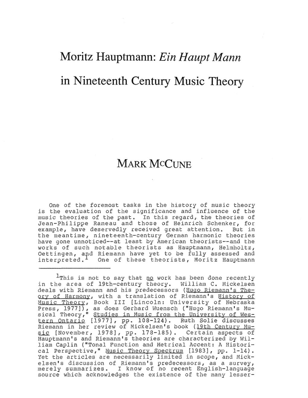 Moritz Hauptmann: Ein Haupt Mann in Nineteenth Century Music Theory