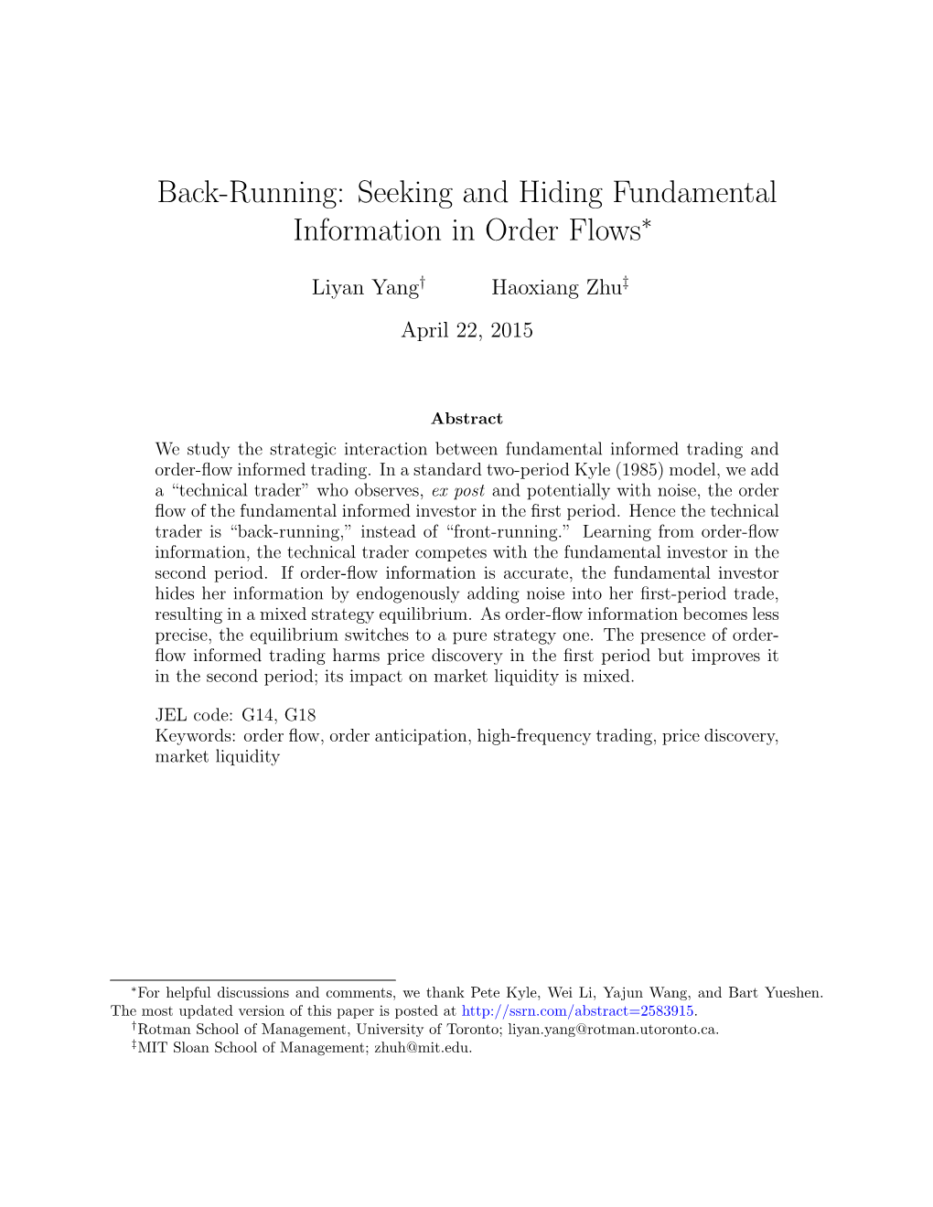 Back-Running: Seeking and Hiding Fundamental Information in Order Flows∗