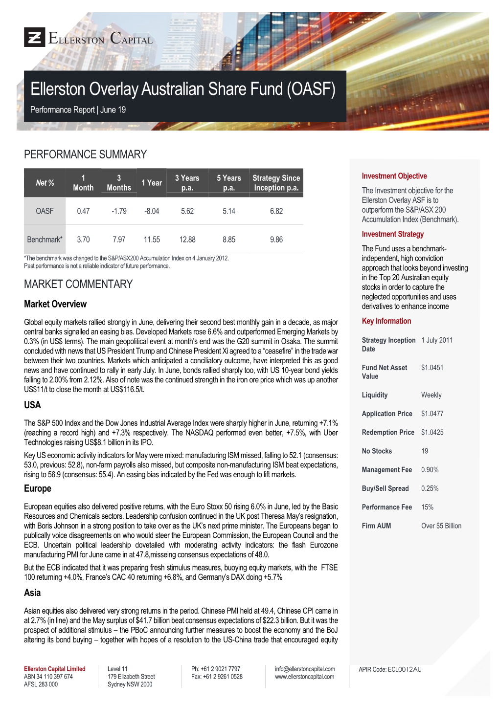 Ellerston Overlay Australian Share Fund (OASF) Performance Report | June 19