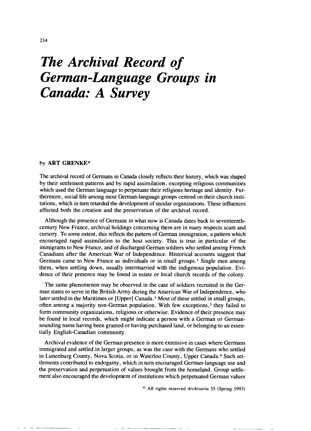 The Archival Record of German-Language Groups in Canada: a Survey