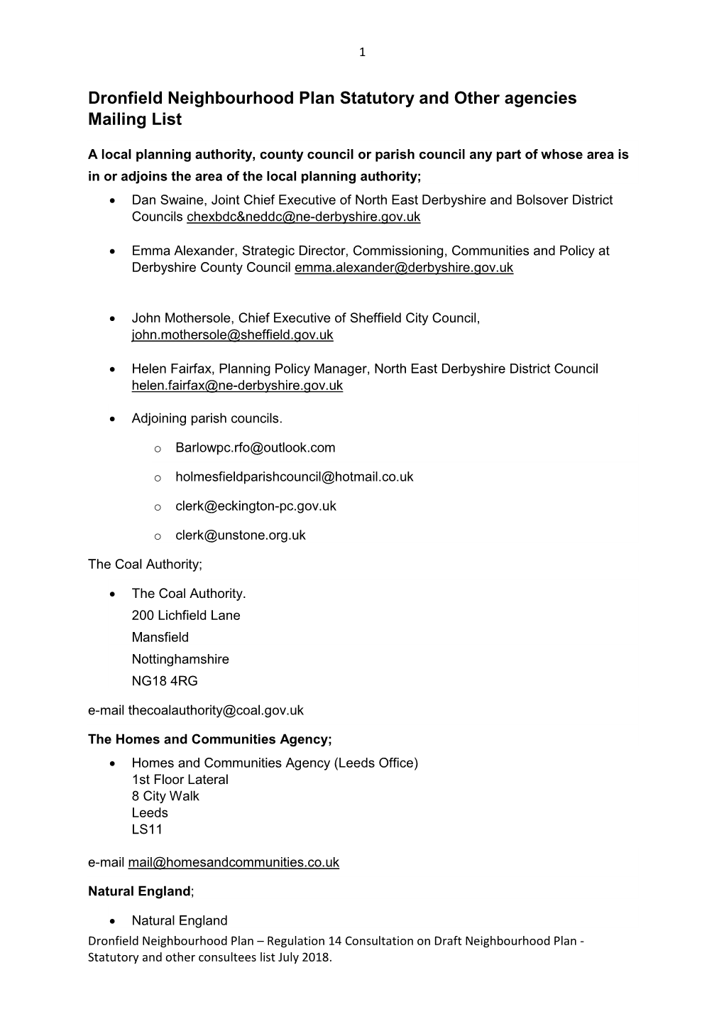 Dronfield Neighbourhood Plan Statutory and Other Agencies Mailing List