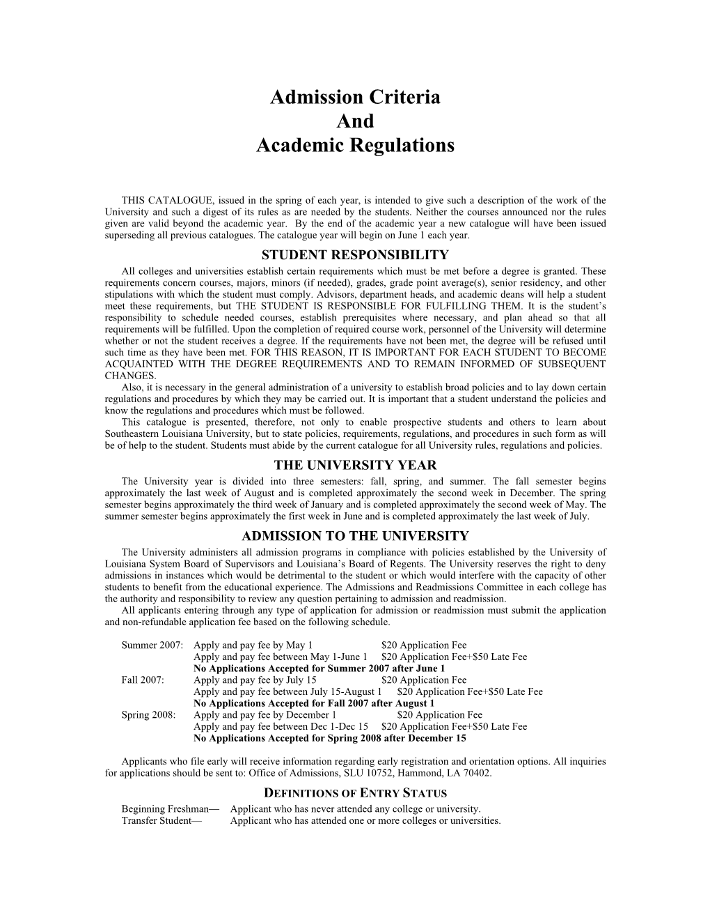 Admission Criteria and Academic Regulations