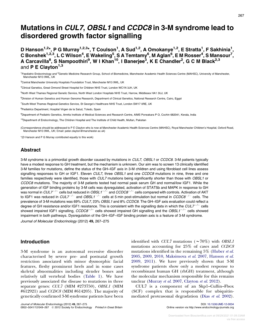 Mutations in CUL7, OBSL1 and CCDC8 in 3-M Syndrome Lead to Disordered Growth Factor Signalling