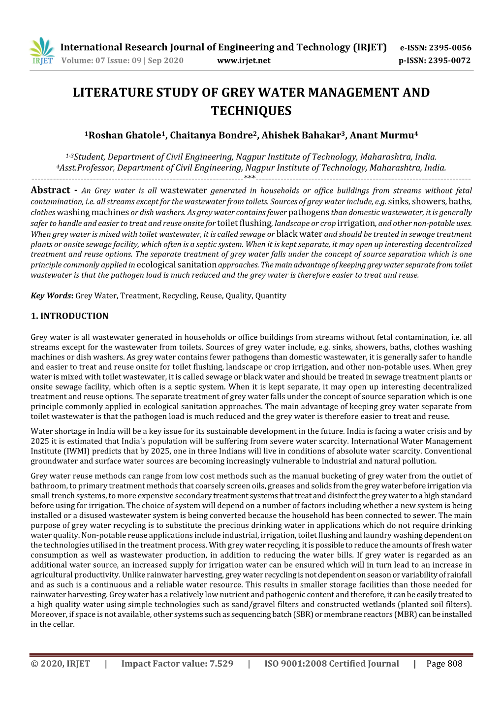 Literature Study of Grey Water Management and Techniques