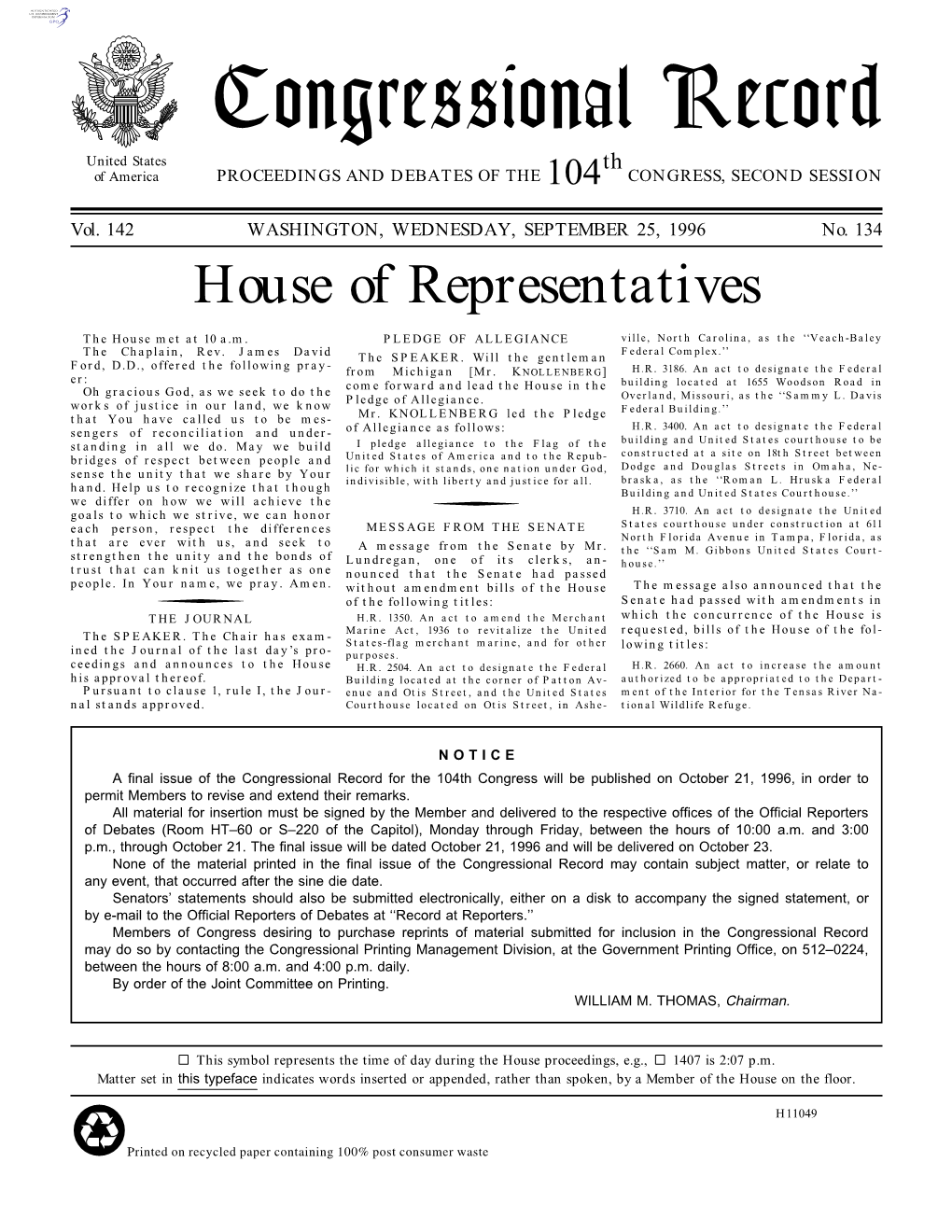 Congressional Record United States Th of America PROCEEDINGS and DEBATES of the 104 CONGRESS, SECOND SESSION