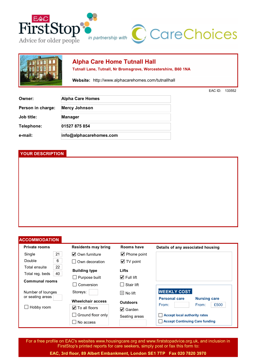 Alpha Care Home Tutnall Hall Tutnall Lane, Tutnall, Nr Bromsgrove, Worcestershire, B60 1NA