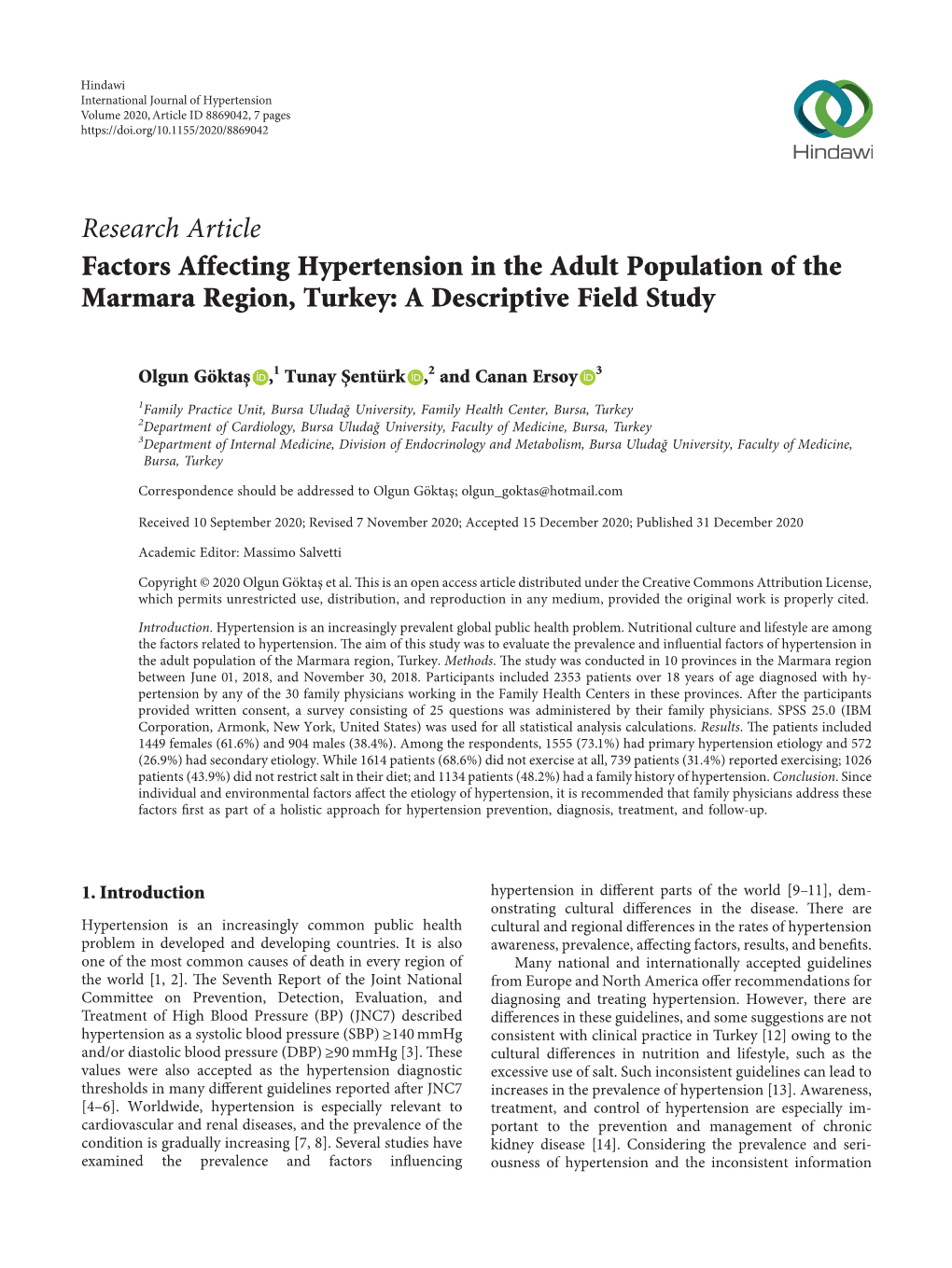 Factors Affecting Hypertension in the Adult Population of the Marmara Region, Turkey: a Descriptive Field Study