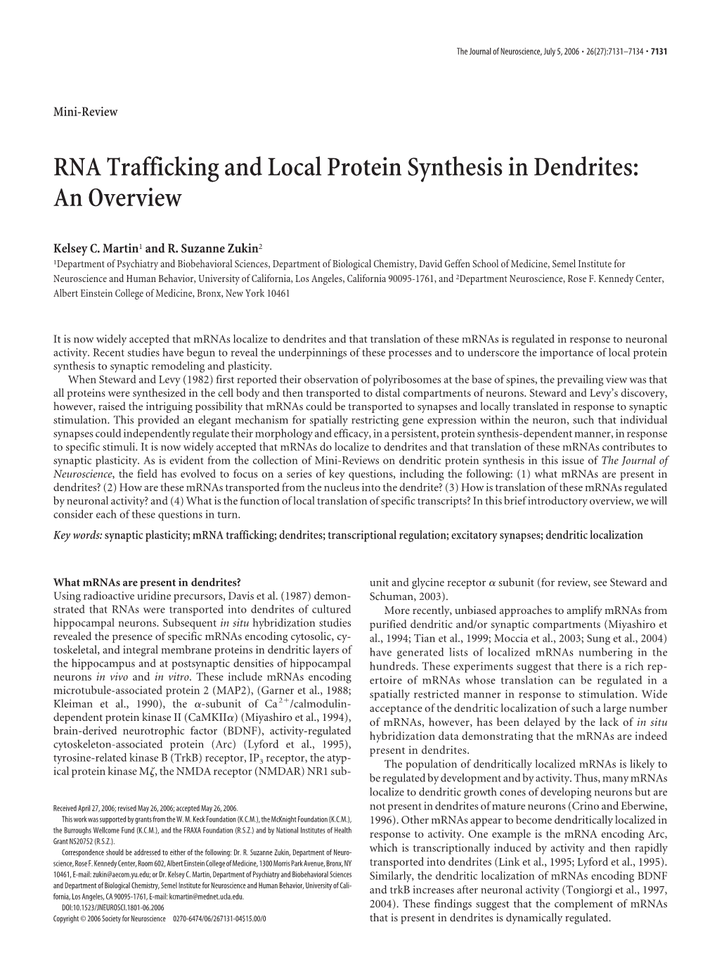 RNA Trafficking and Local Protein Synthesis in Dendrites: an Overview