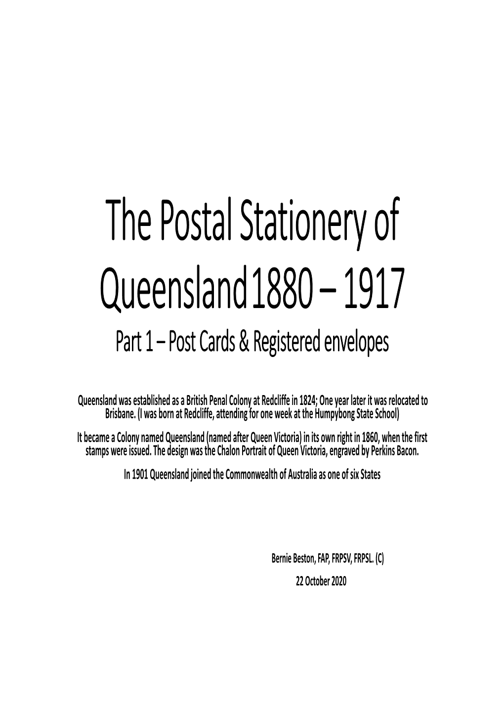 Queensland Postal Stationery Was Published by Phil Collas in 1979