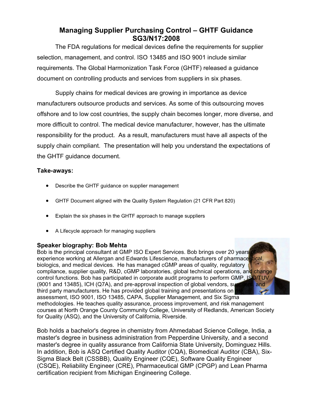 Managing Supplier Purchasing Control GHTF Guidance SG3/N17:2008