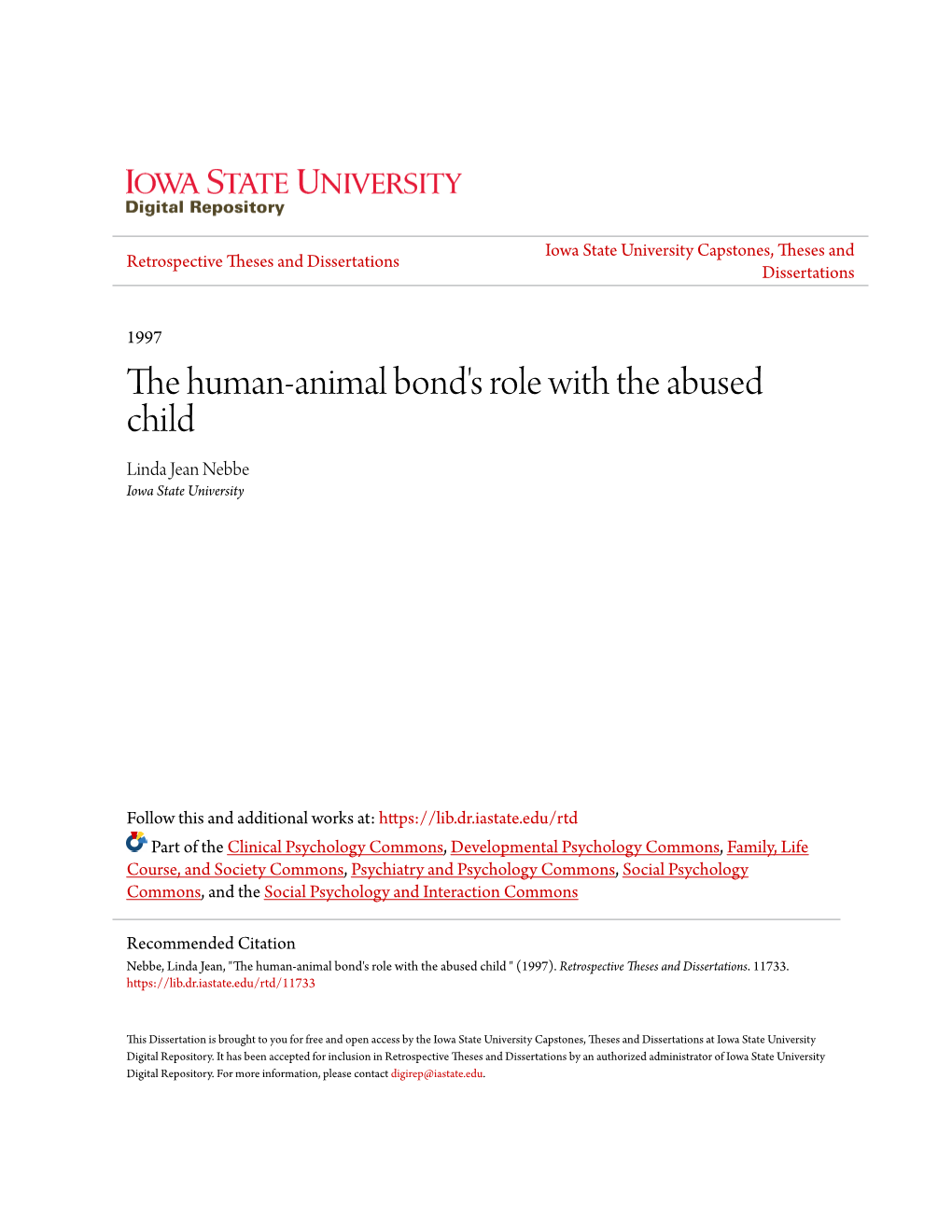 The Human-Animal Bond's Role with the Abused Child