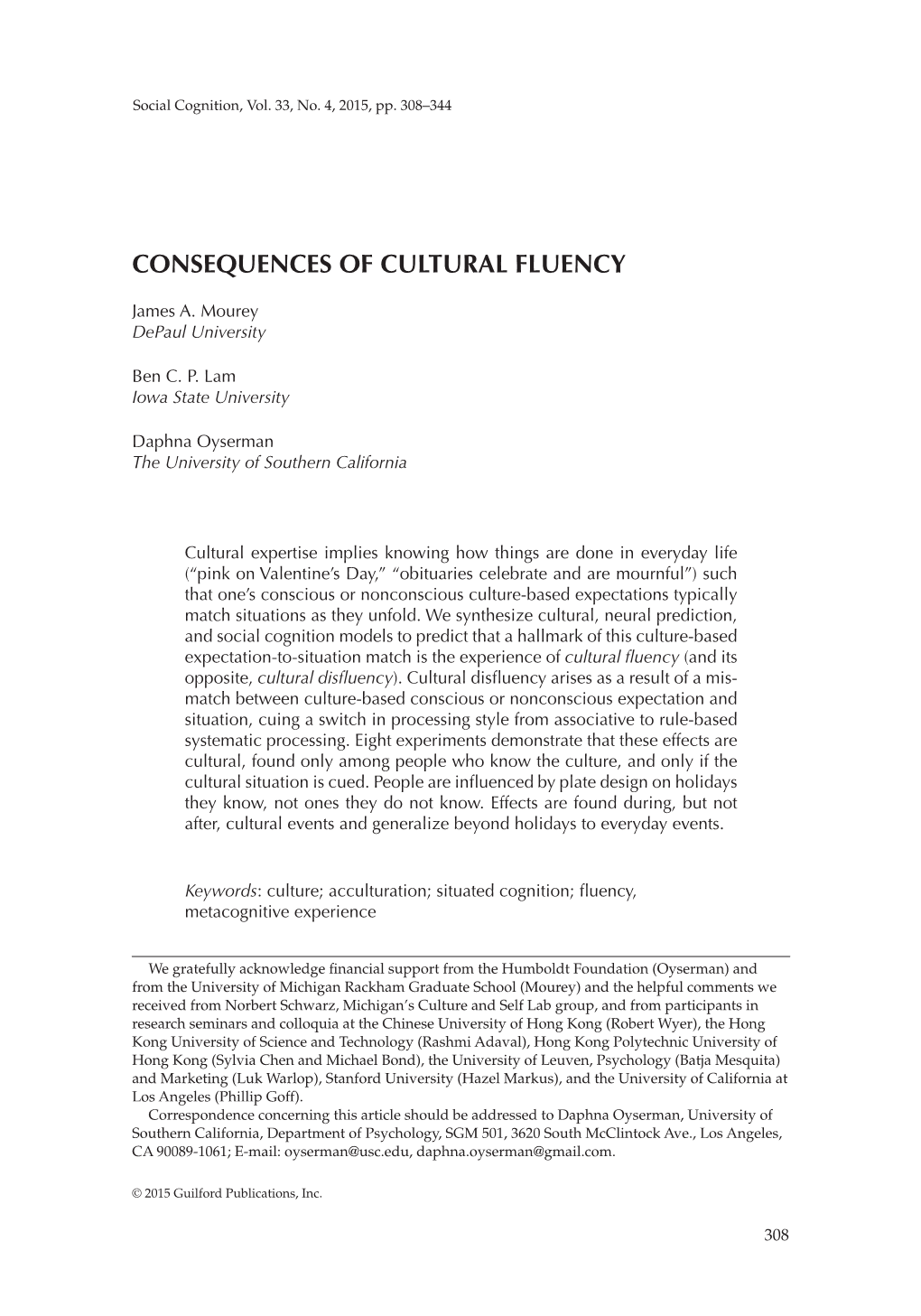 (2015). Consequences of Cultural Fluency, Social Cognition, 33