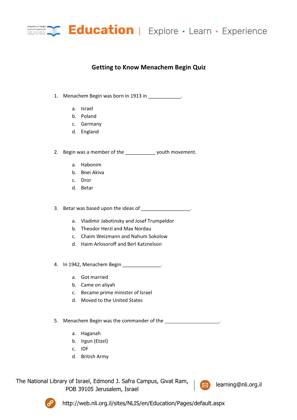 Getting to Know Menachem Begin Quiz