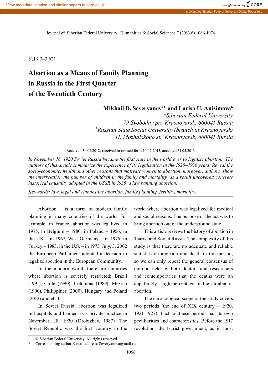 Abortion As a Means of Family Planning in Russia in the First Quarter of the Twentieth Century