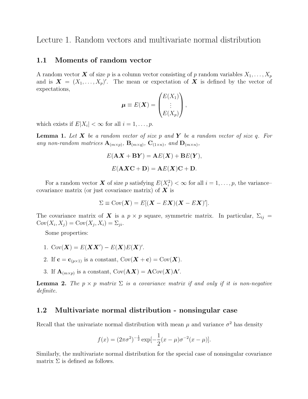 Lecture 1. Random Vectors and Multivariate Normal Distribution