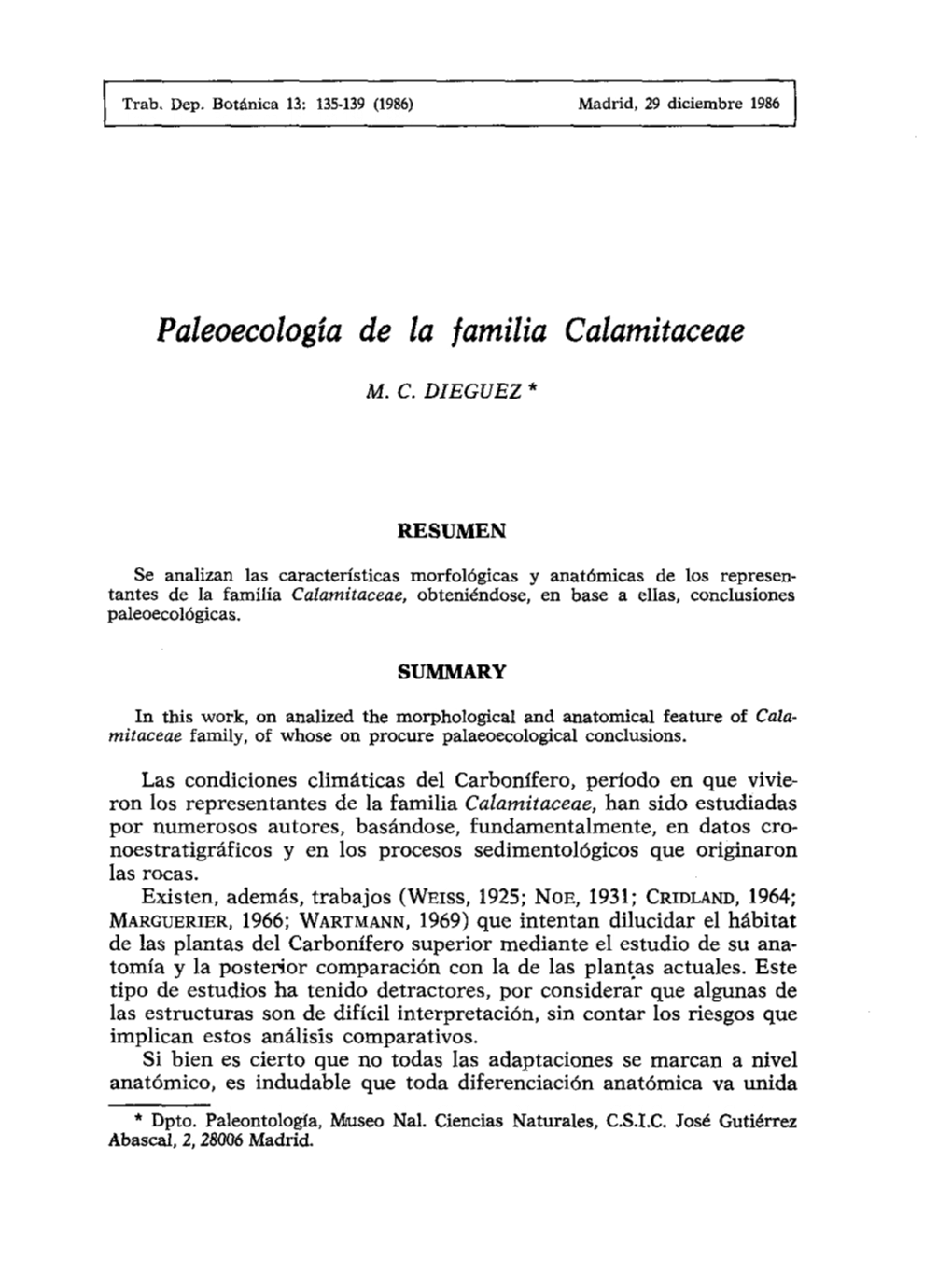 Paleoecologea De La Familia Calamitaceae