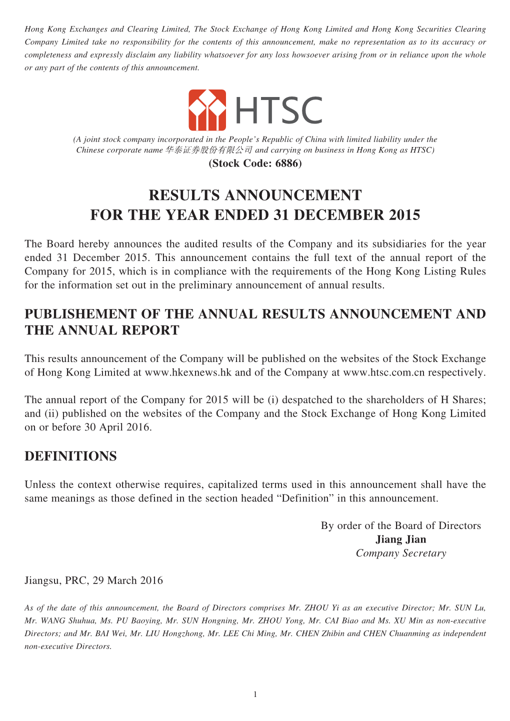 Results Announcement for the Year Ended 31 December 2015