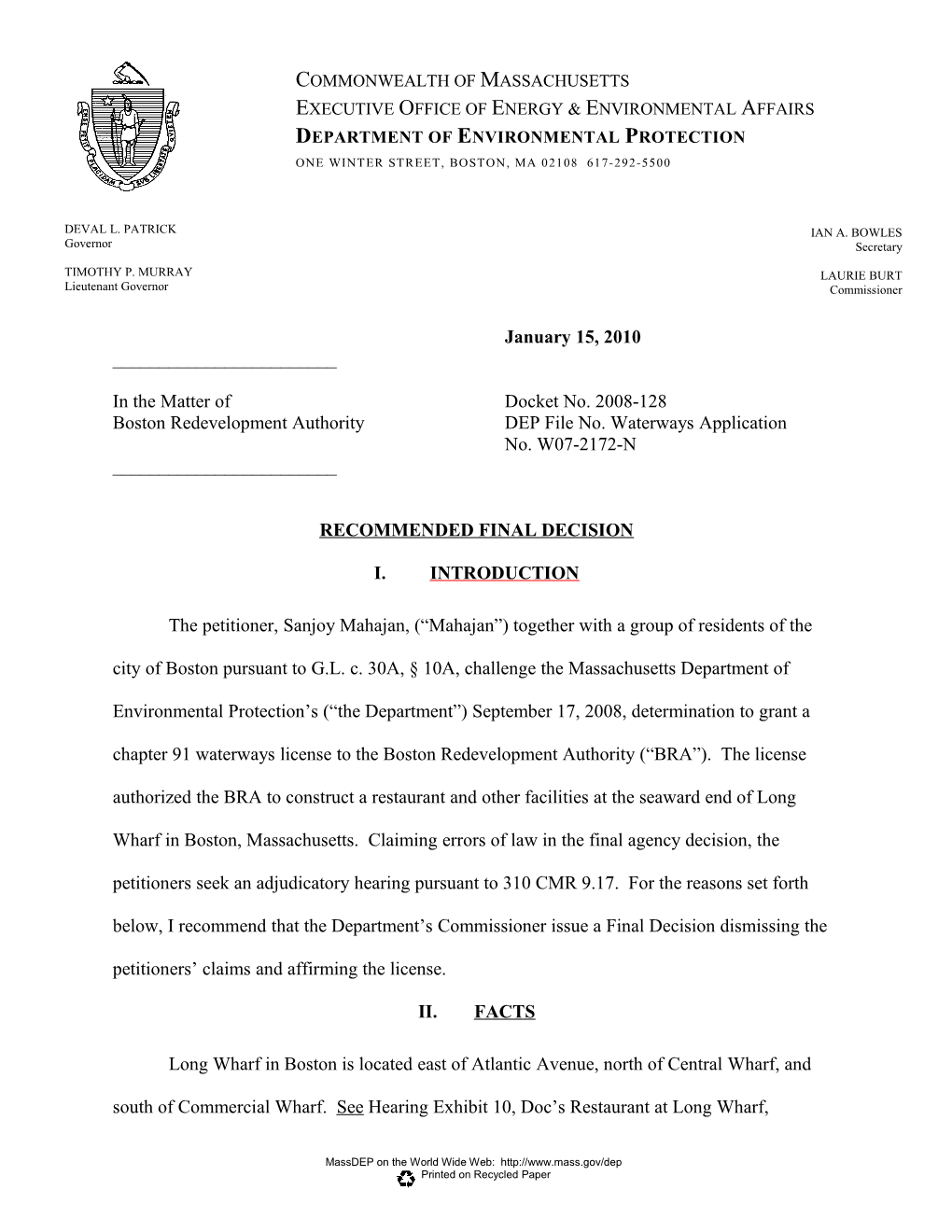 Boston Redevelopment Authority DEP File No. Waterways Application