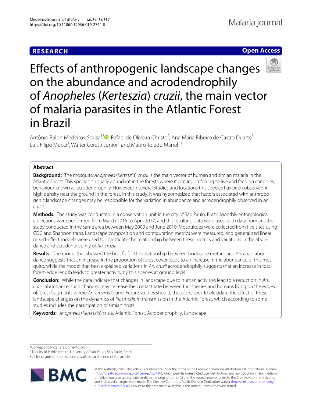 Effects of Anthropogenic Landscape Changes on the Abundance and Acrodendrophily of Anopheles (Kerteszia) Cruzii, the Main Vector