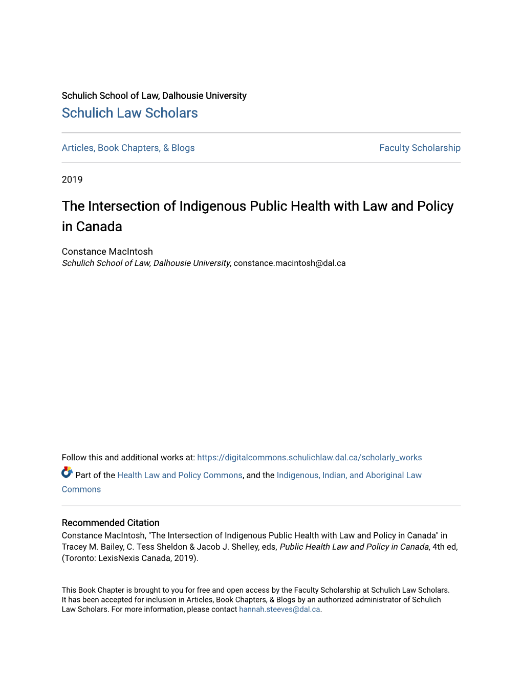 The Intersection of Indigenous Public Health with Law and Policy in Canada