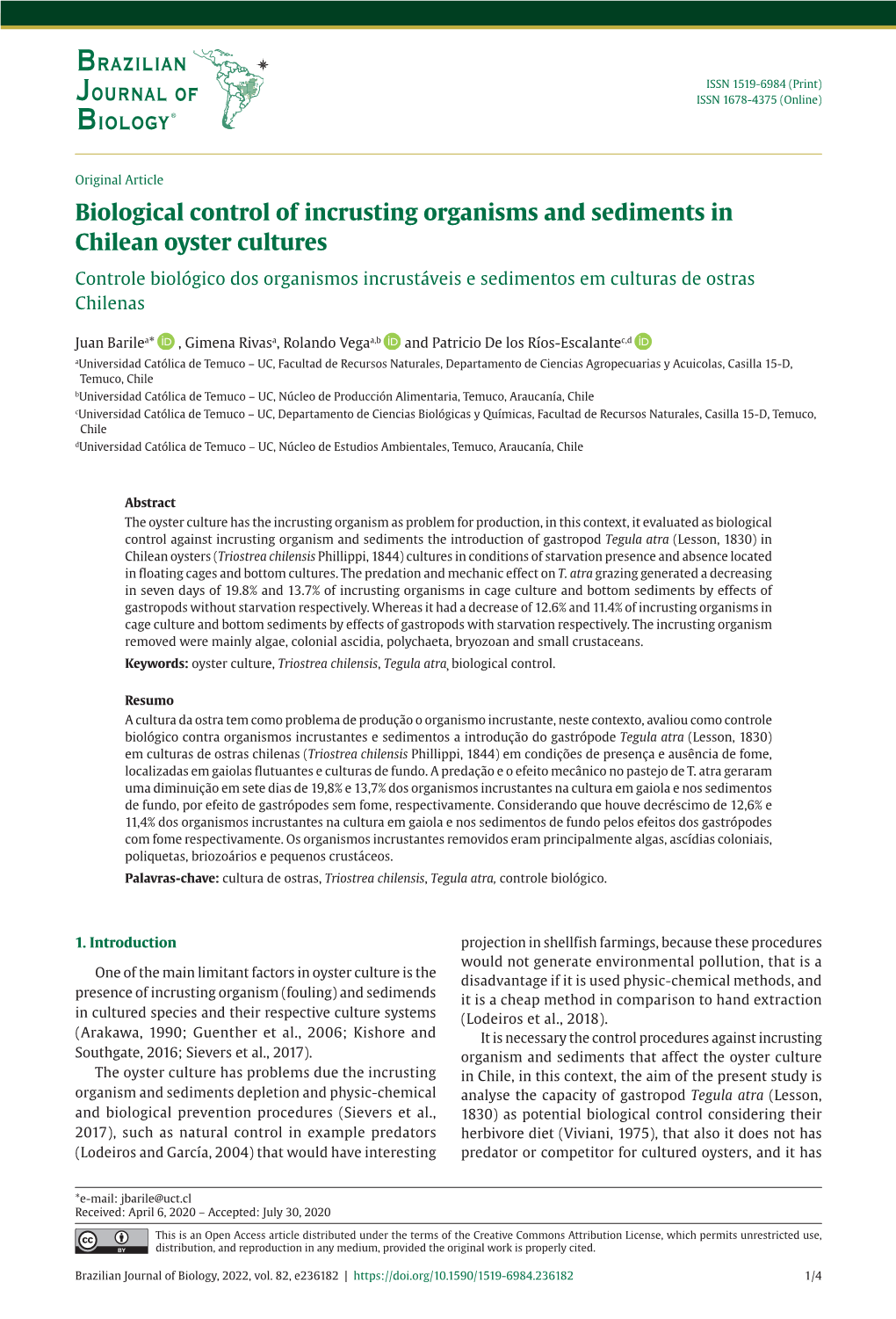 Biological Control of Incrusting Organisms and Sediments in Chilean Oyster Cultures